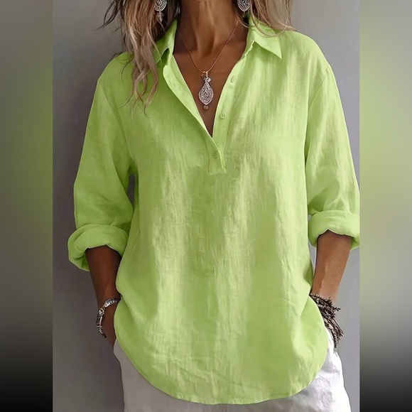 Tops - Light Green Linen Button-Neck Women's Top